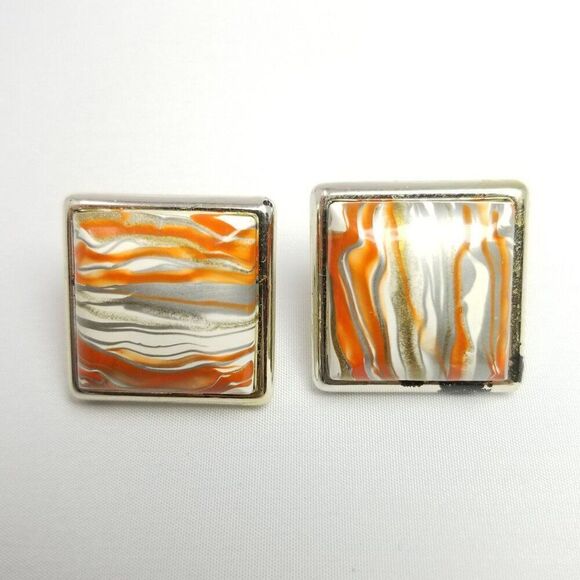 Vintage Orange and White Marbled Square Stud Earrings, Retro Design, Estate - Picture 6 of 7